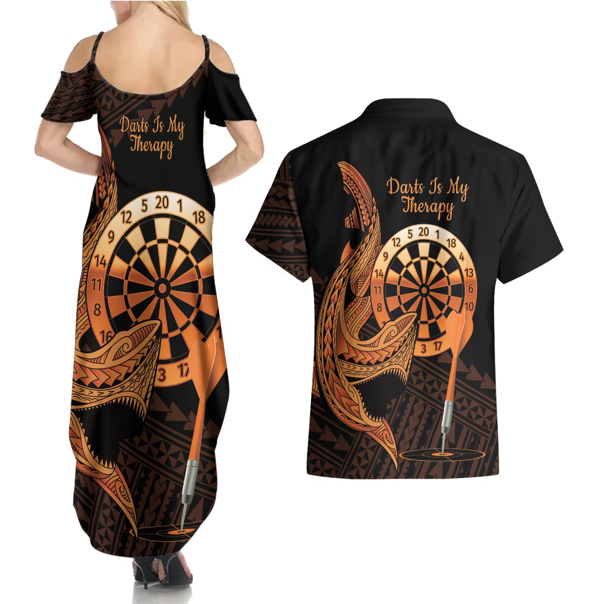 Aloha Hawaii Darts Couples Matching Summer Maxi Dress and Hawaiian Shirt Dart Board With Polynesian Shark - Gold