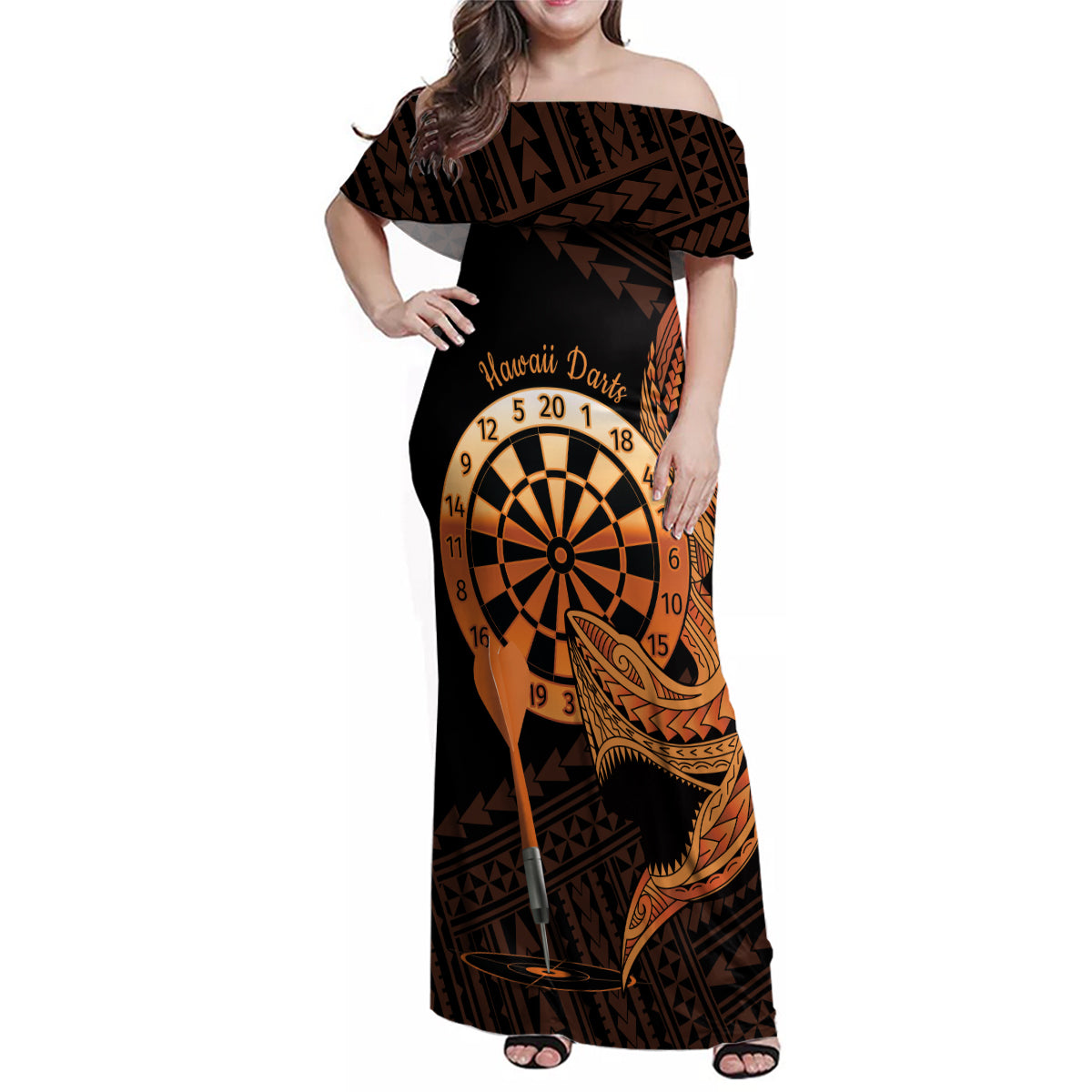 Aloha Hawaii Darts Family Matching Off Shoulder Maxi Dress and Hawaiian Shirt Dart Board With Polynesian Shark - Gold