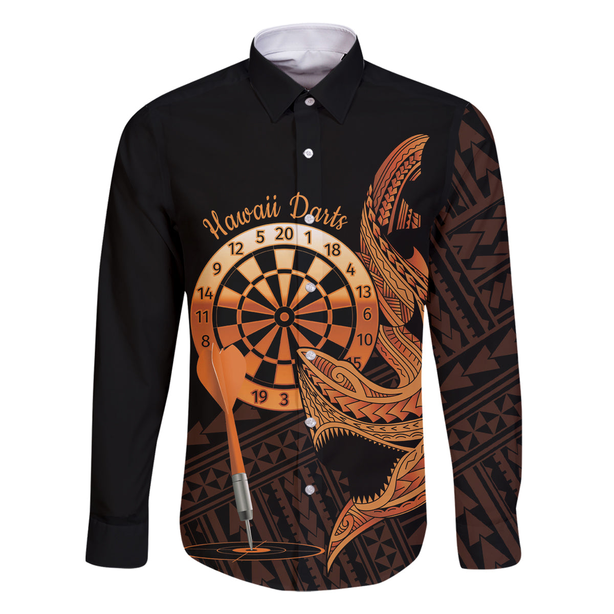 Aloha Hawaii Darts Family Matching Off Shoulder Short Dress and Hawaiian Shirt Dart Board With Polynesian Shark - Gold