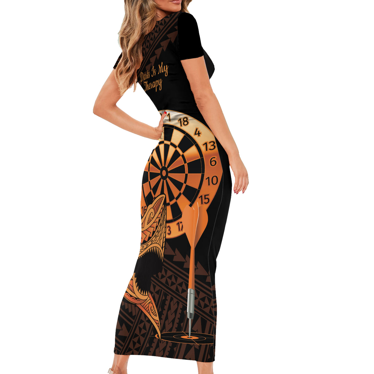 Aloha Hawaii Darts Family Matching Short Sleeve Bodycon Dress and Hawaiian Shirt Dart Board With Polynesian Shark - Gold