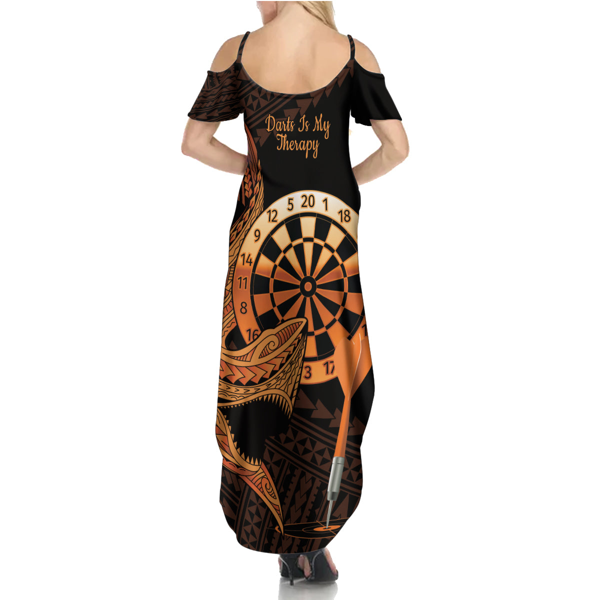 Aloha Hawaii Darts Summer Maxi Dress Dart Board With Polynesian Shark - Gold