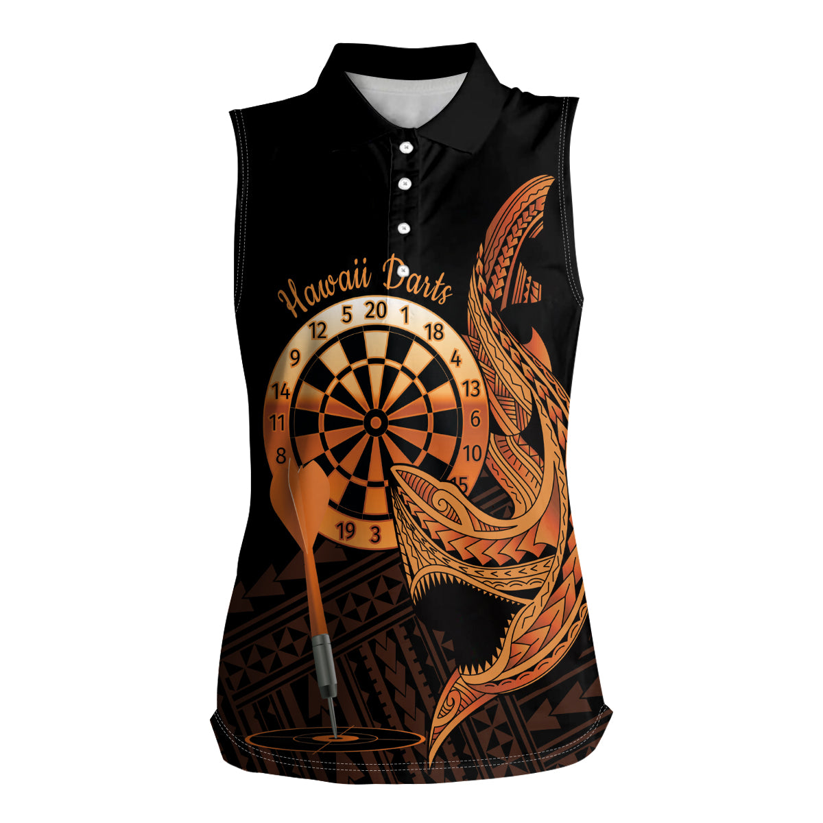 Aloha Hawaii Darts Women Sleeveless Polo Shirt Dart Board With Polynesian Shark - Gold