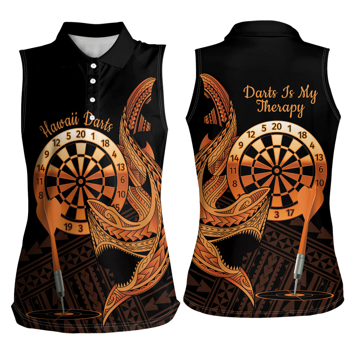 Aloha Hawaii Darts Women Sleeveless Polo Shirt Dart Board With Polynesian Shark - Gold