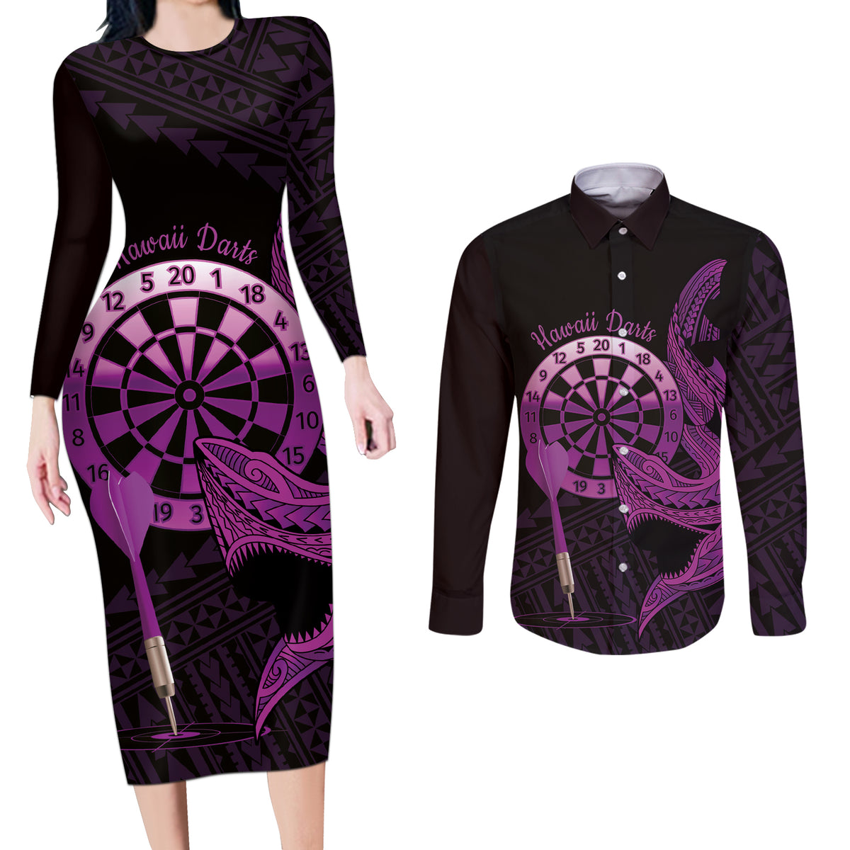 Aloha Hawaii Darts Couples Matching Long Sleeve Bodycon Dress and Long Sleeve Button Shirt Dart Board With Polynesian Shark - Purple