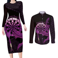 Aloha Hawaii Darts Couples Matching Long Sleeve Bodycon Dress and Long Sleeve Button Shirt Dart Board With Polynesian Shark - Purple