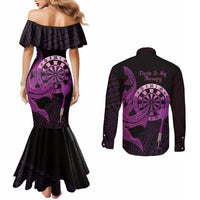 Aloha Hawaii Darts Couples Matching Mermaid Dress and Long Sleeve Button Shirt Dart Board With Polynesian Shark - Purple