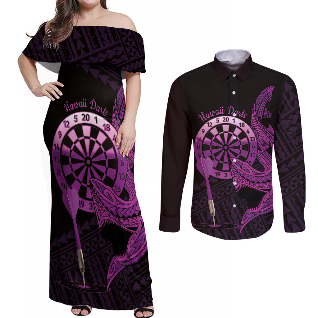 Aloha Hawaii Darts Couples Matching Off Shoulder Maxi Dress and Long Sleeve Button Shirt Dart Board With Polynesian Shark - Purple LT14 Purple - Polynesian Pride