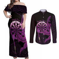 Aloha Hawaii Darts Couples Matching Off Shoulder Maxi Dress and Long Sleeve Button Shirt Dart Board With Polynesian Shark - Purple LT14 Purple - Polynesian Pride