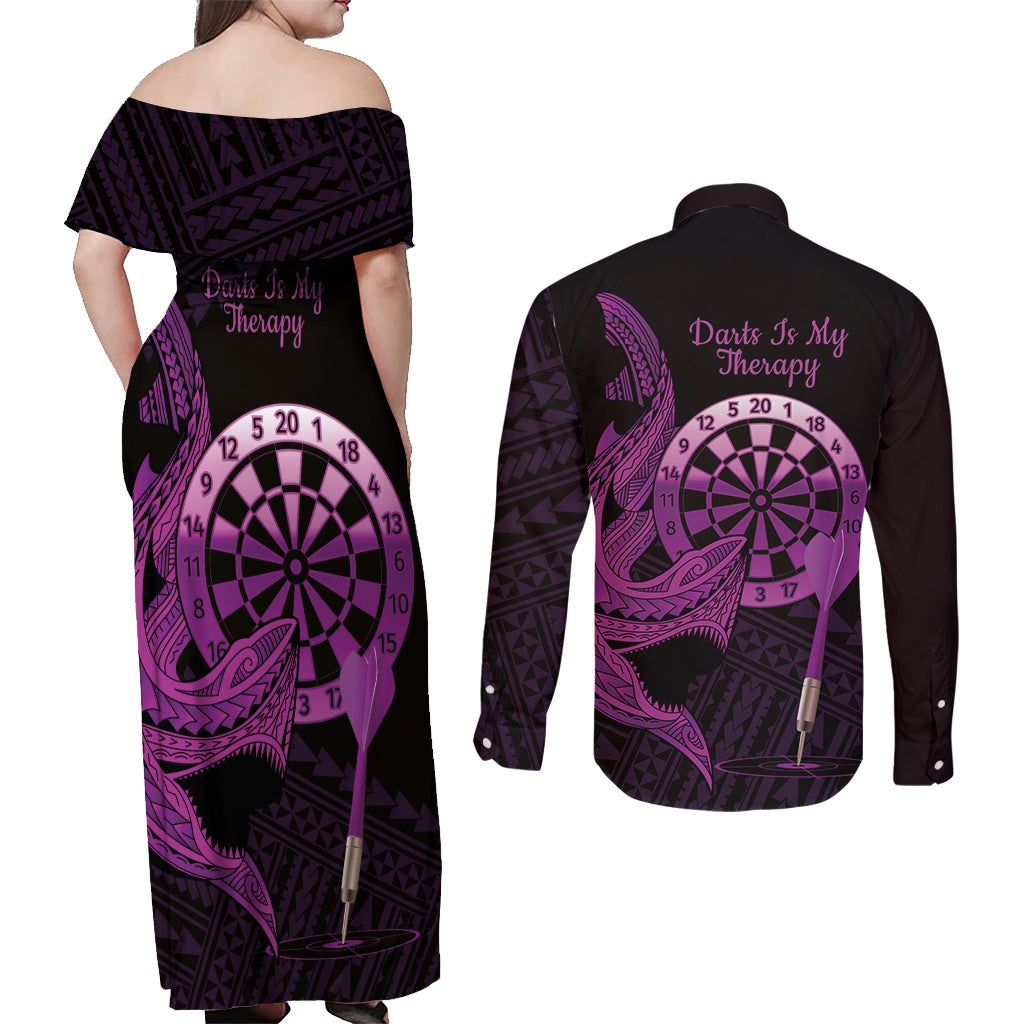 Aloha Hawaii Darts Couples Matching Off Shoulder Maxi Dress and Long Sleeve Button Shirt Dart Board With Polynesian Shark - Purple LT14 - Polynesian Pride