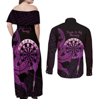 Aloha Hawaii Darts Couples Matching Off Shoulder Maxi Dress and Long Sleeve Button Shirt Dart Board With Polynesian Shark - Purple LT14 - Polynesian Pride