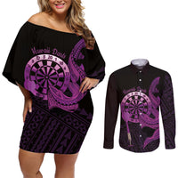 Aloha Hawaii Darts Couples Matching Off Shoulder Short Dress and Long Sleeve Button Shirt Dart Board With Polynesian Shark - Purple