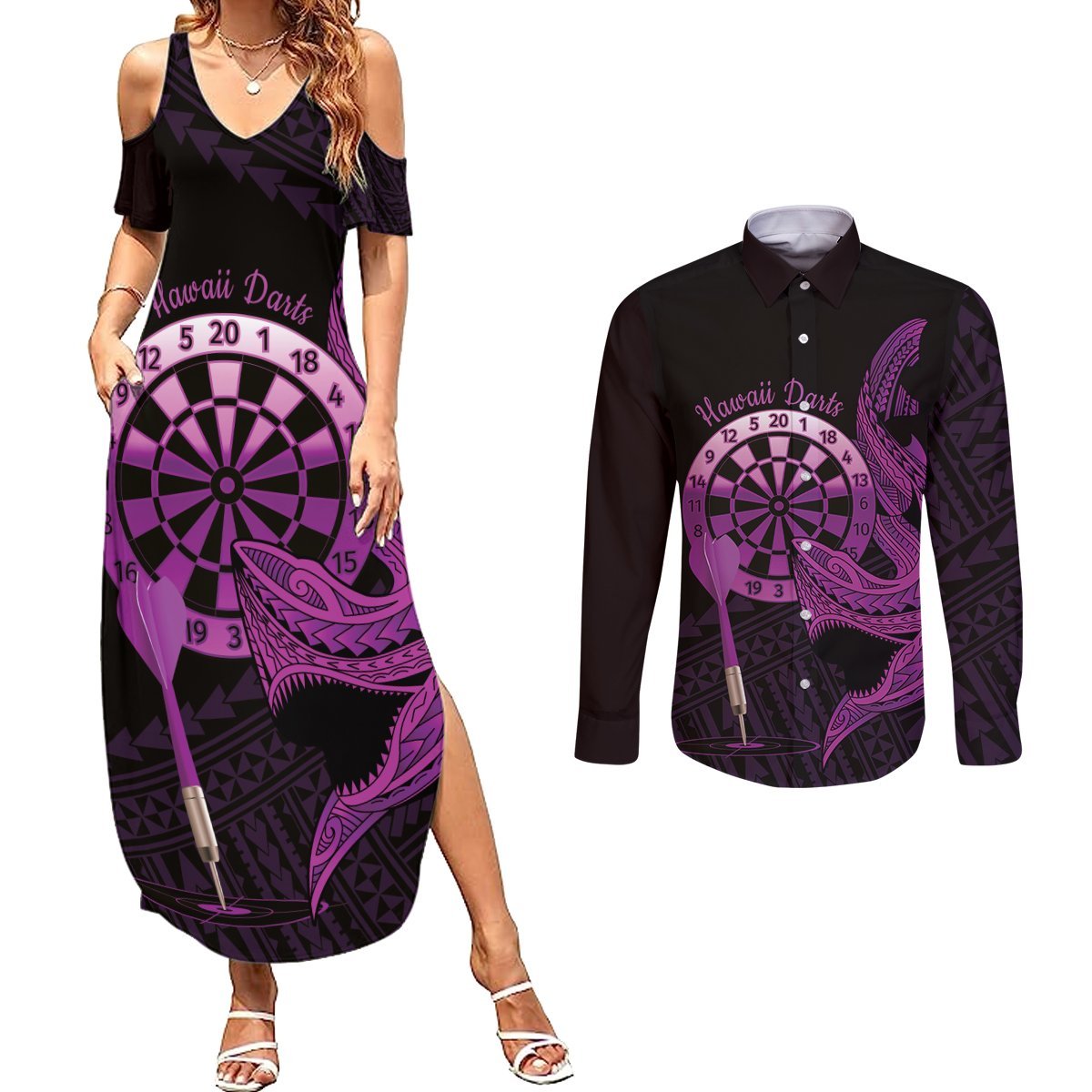 Aloha Hawaii Darts Couples Matching Summer Maxi Dress and Long Sleeve Button Shirt Dart Board With Polynesian Shark - Purple LT14 Purple - Polynesian Pride