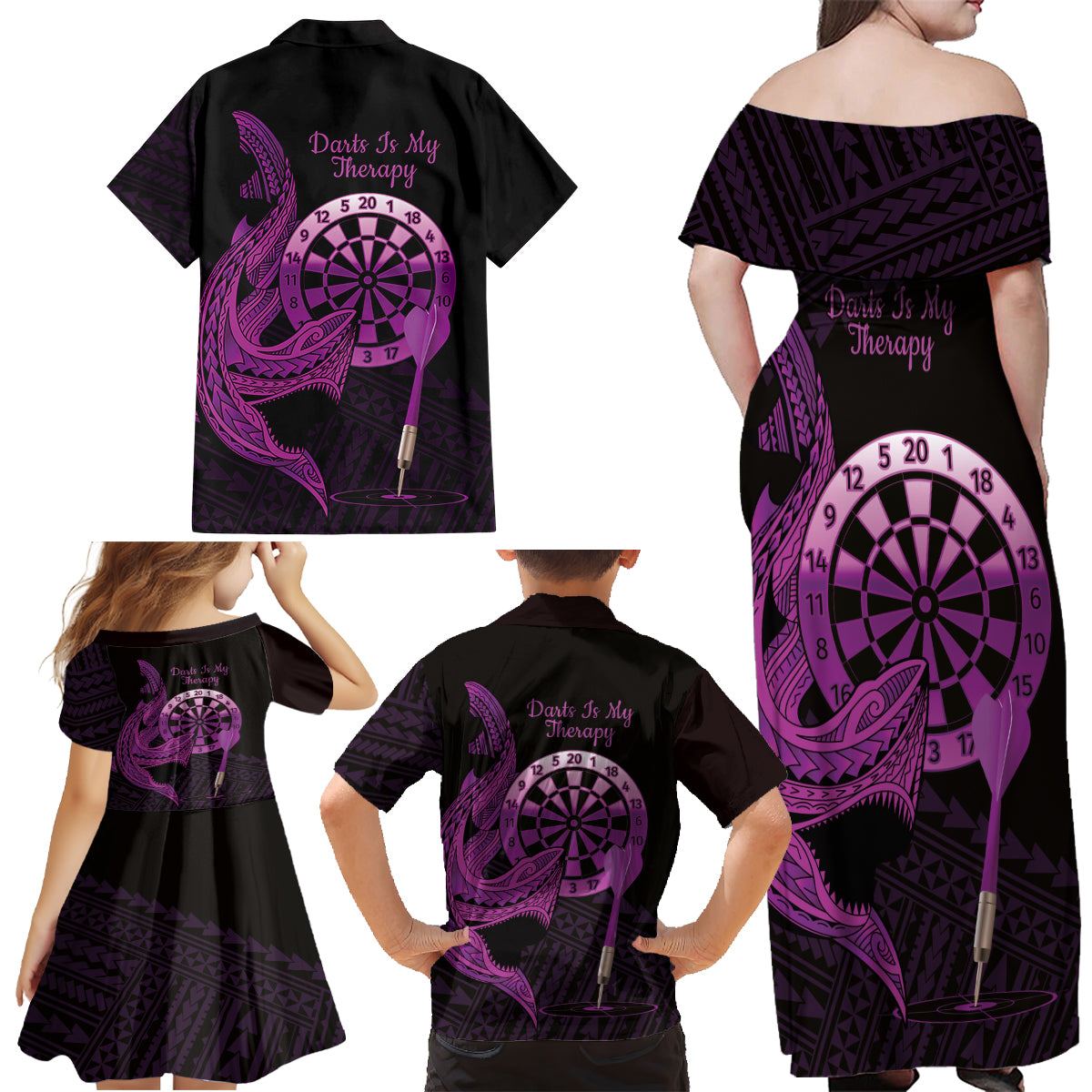 Aloha Hawaii Darts Family Matching Off Shoulder Maxi Dress and Hawaiian Shirt Dart Board With Polynesian Shark - Purple