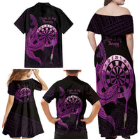 Aloha Hawaii Darts Family Matching Off Shoulder Maxi Dress and Hawaiian Shirt Dart Board With Polynesian Shark - Purple
