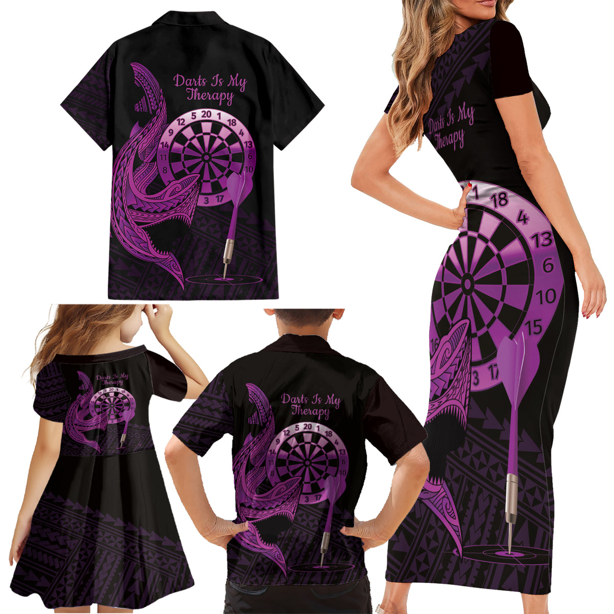 Aloha Hawaii Darts Family Matching Short Sleeve Bodycon Dress and Hawaiian Shirt Dart Board With Polynesian Shark - Purple