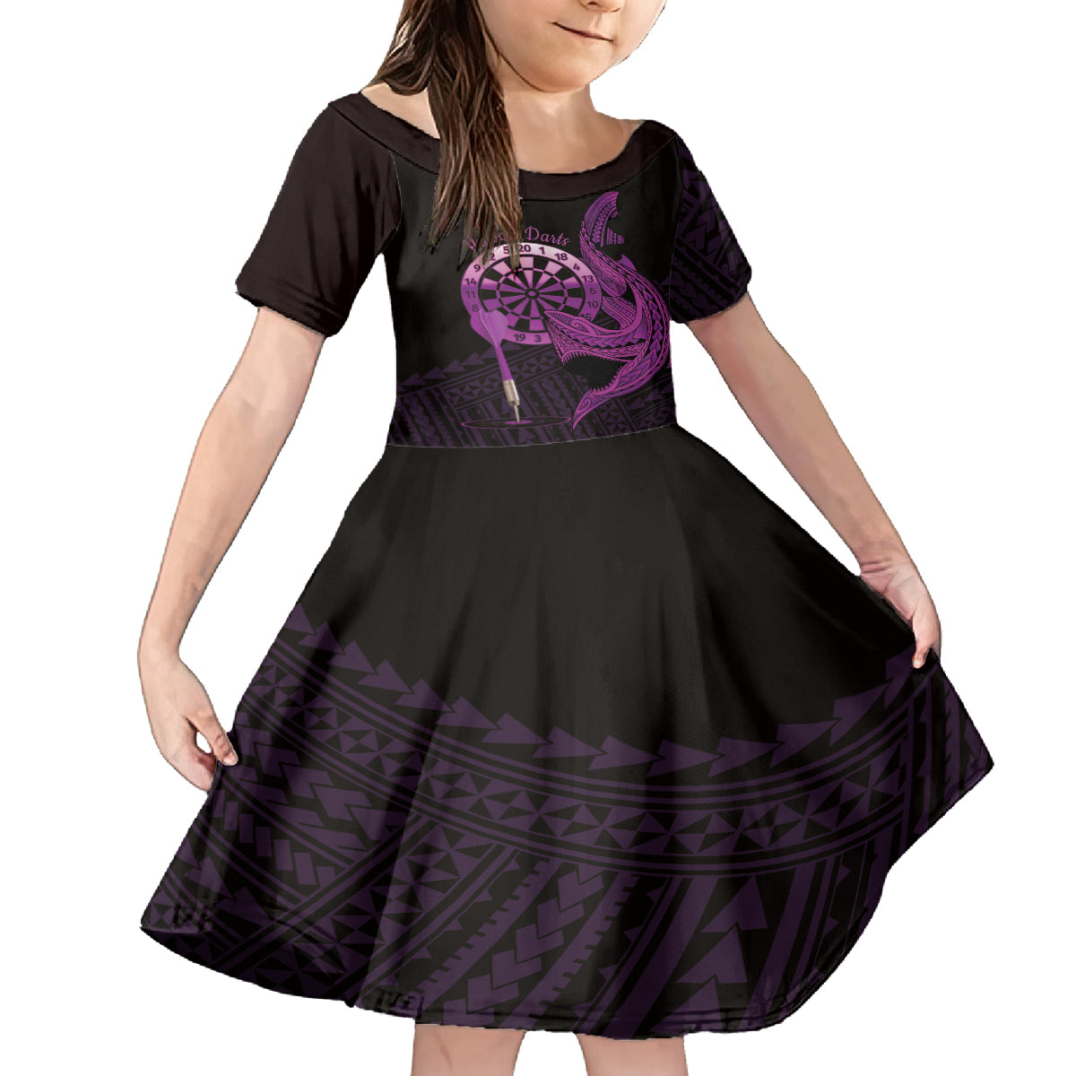 Aloha Hawaii Darts Family Matching Tank Maxi Dress and Hawaiian Shirt Dart Board With Polynesian Shark - Purple LT14 Daughter's Dress Purple - Polynesian Pride