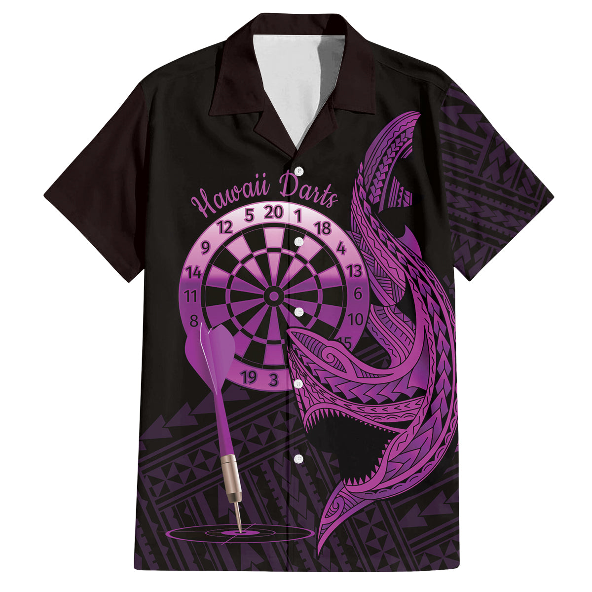 Aloha Hawaii Darts Family Matching Tank Maxi Dress and Hawaiian Shirt Dart Board With Polynesian Shark - Purple LT14 Dad's Shirt - Short Sleeve Purple - Polynesian Pride