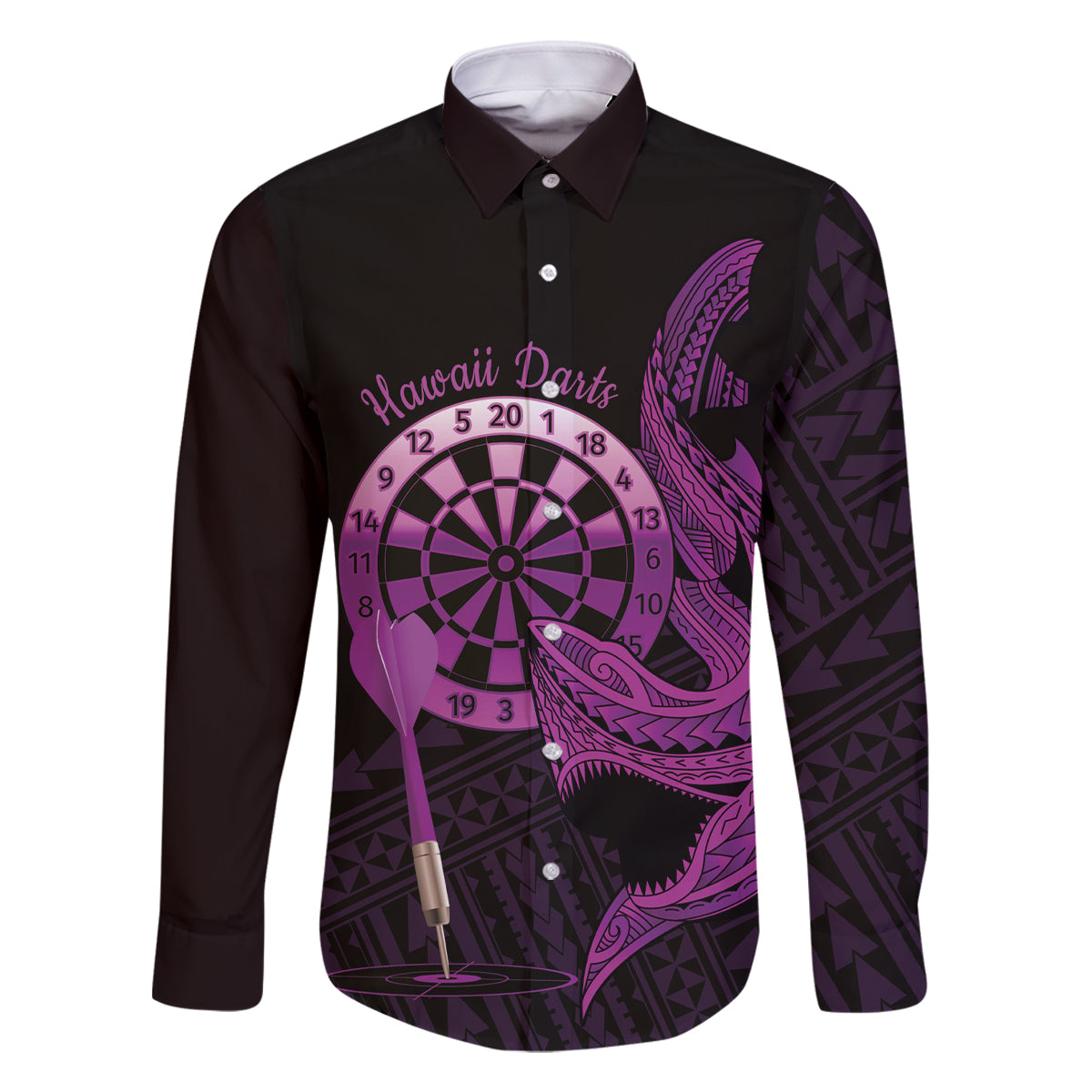 Aloha Hawaii Darts Family Matching Tank Maxi Dress and Hawaiian Shirt Dart Board With Polynesian Shark - Purple LT14 Dad's Shirt - Long Sleeve Purple - Polynesian Pride
