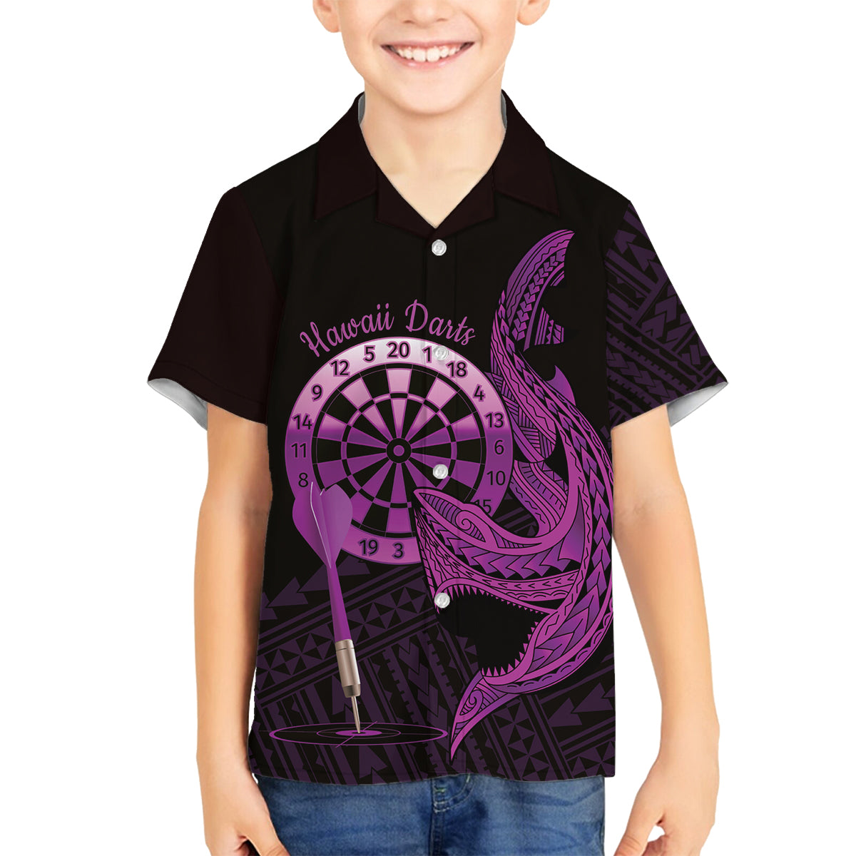 Aloha Hawaii Darts Family Matching Tank Maxi Dress and Hawaiian Shirt Dart Board With Polynesian Shark - Purple LT14 Son's Shirt Purple - Polynesian Pride