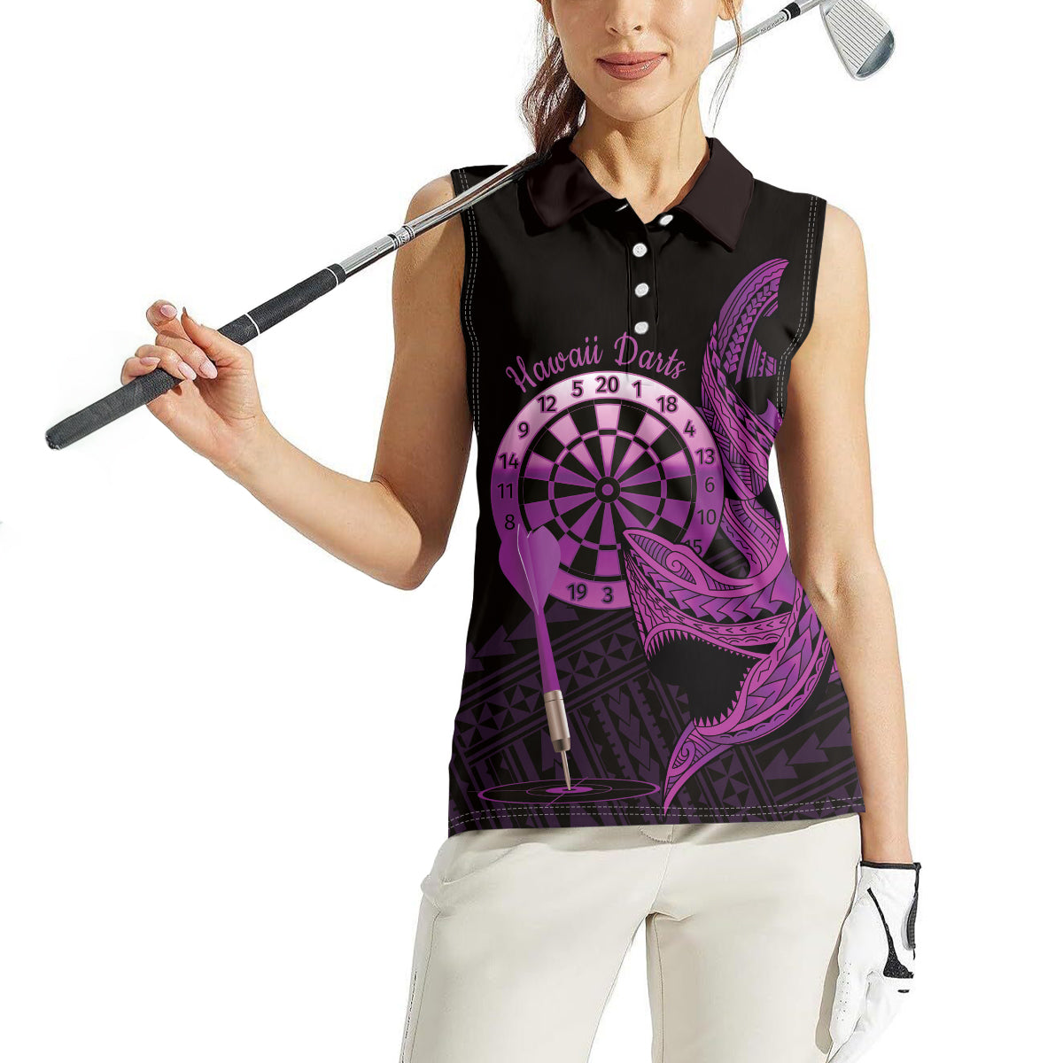 Aloha Hawaii Darts Women Sleeveless Polo Shirt Dart Board With Polynesian Shark - Purple