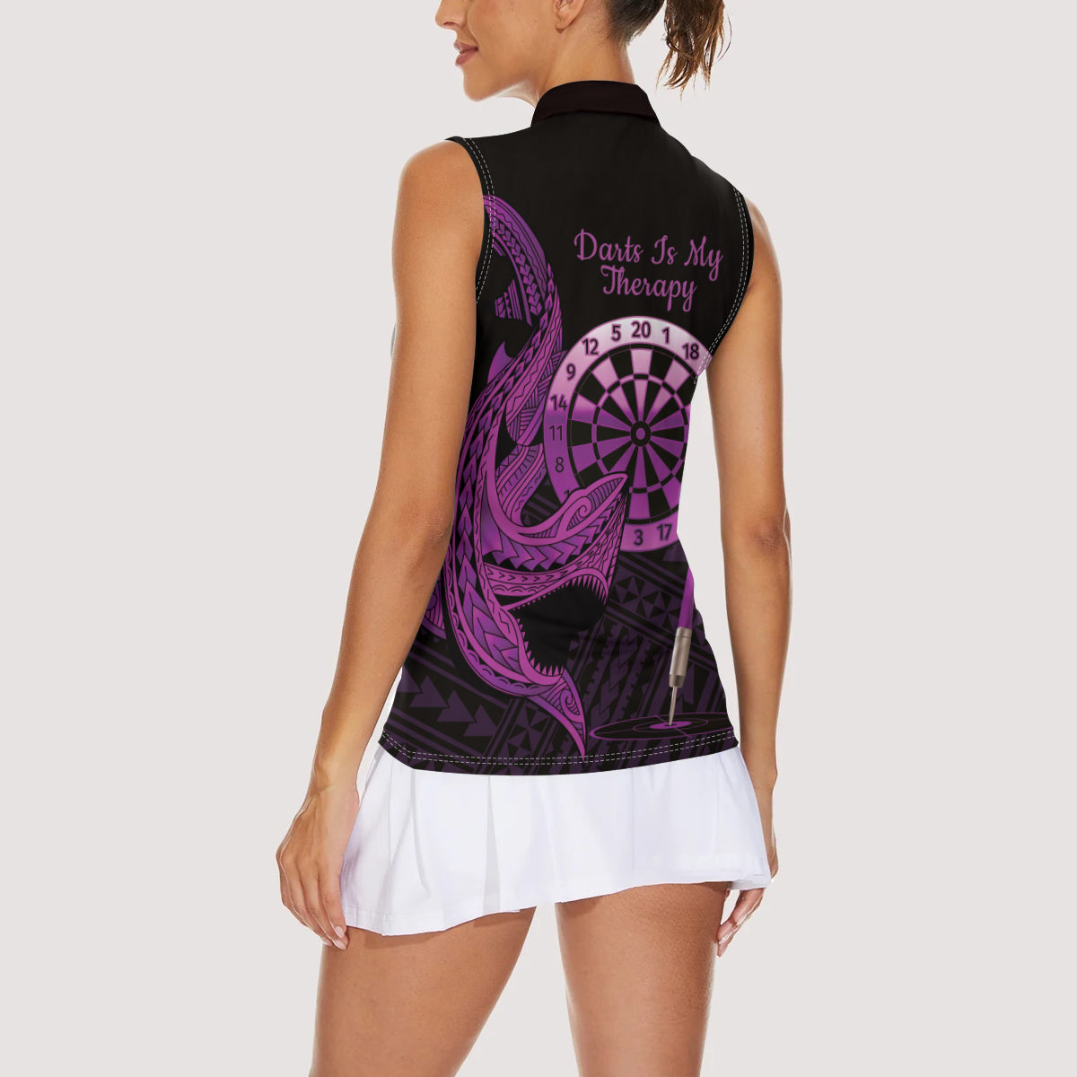 Aloha Hawaii Darts Women Sleeveless Polo Shirt Dart Board With Polynesian Shark - Purple