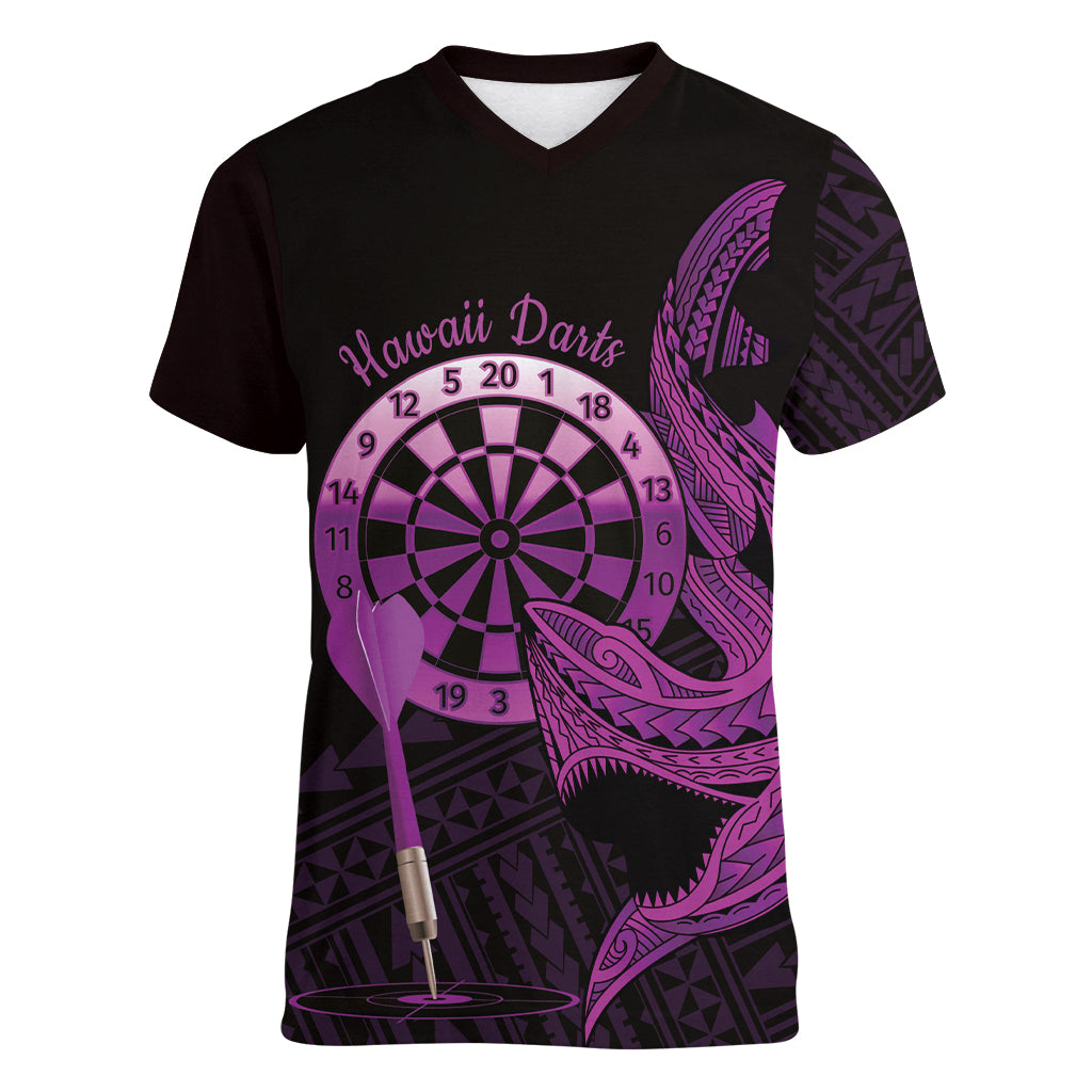 Aloha Hawaii Darts Women V-Neck T-Shirt Dart Board With Polynesian Shark - Purple