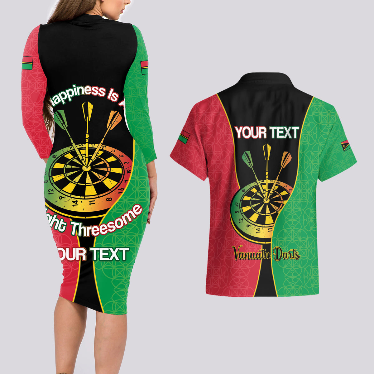 Personalised Vanuatu Darts Couples Matching Long Sleeve Bodycon Dress and Hawaiian Shirt Happiness Is A Tight Threesome Sand Drawing Art