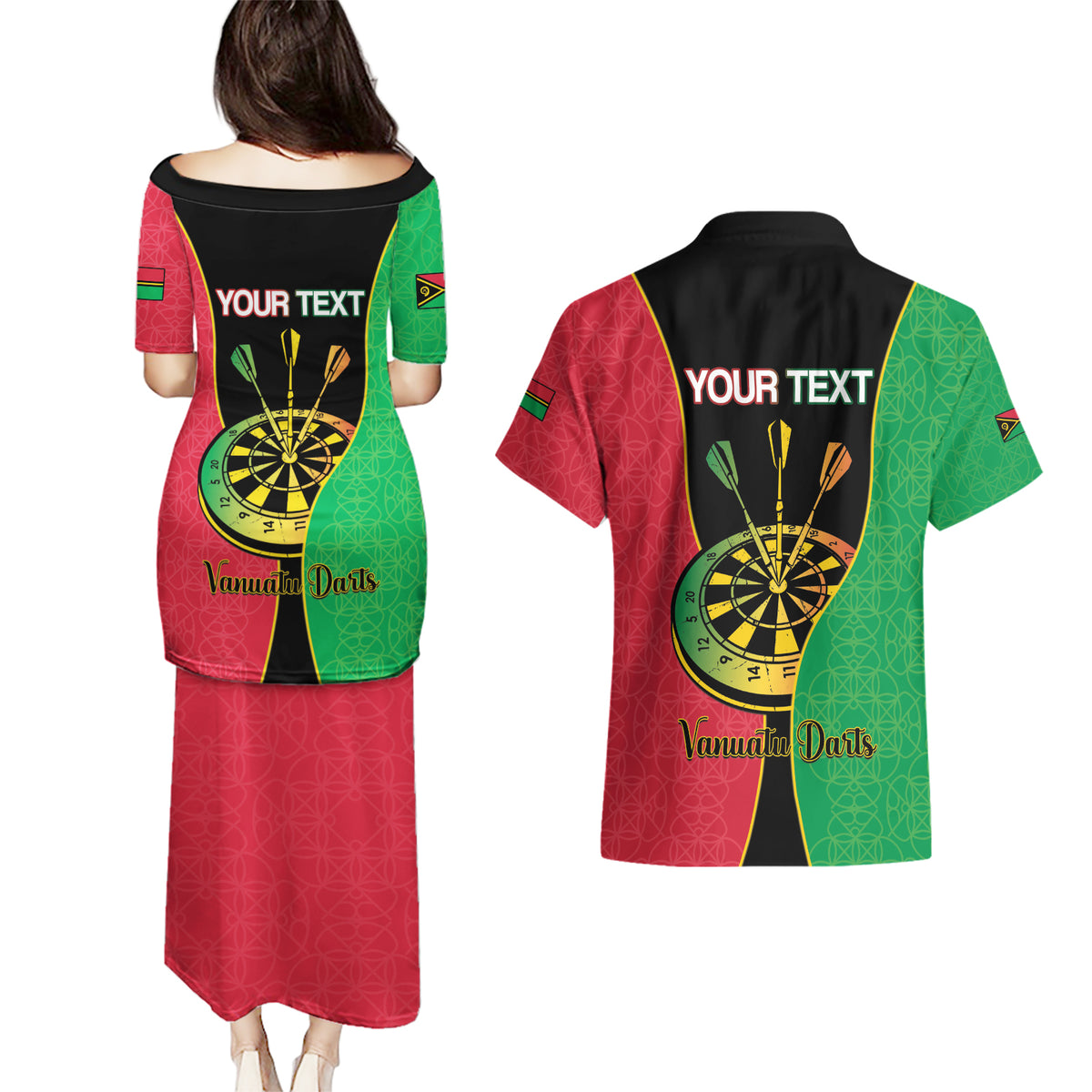 Personalised Vanuatu Darts Couples Matching Puletasi and Hawaiian Shirt Happiness Is A Tight Threesome Sand Drawing Art