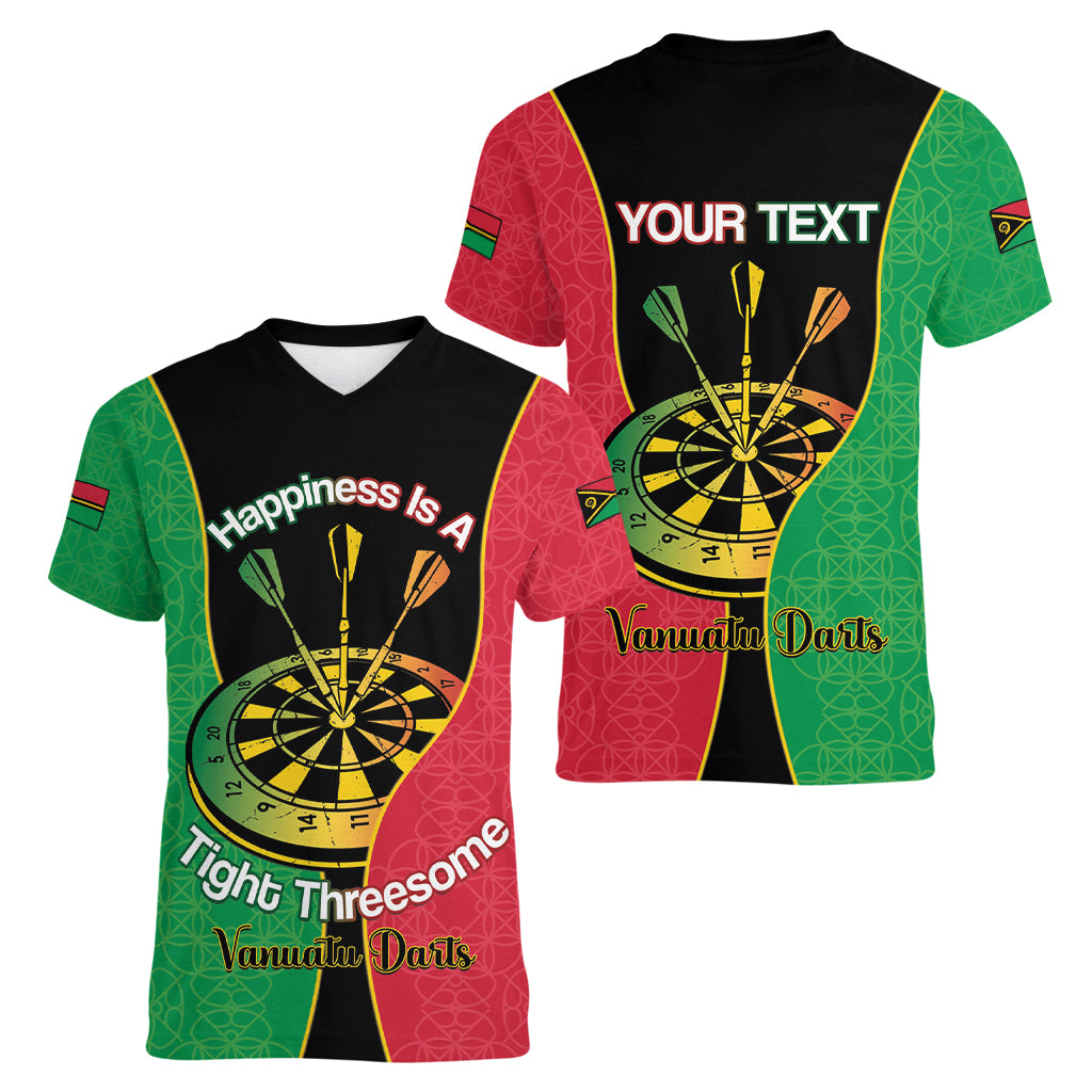Personalised Vanuatu Darts Women V-Neck T-Shirt Happiness Is A Tight Threesome Sand Drawing Art