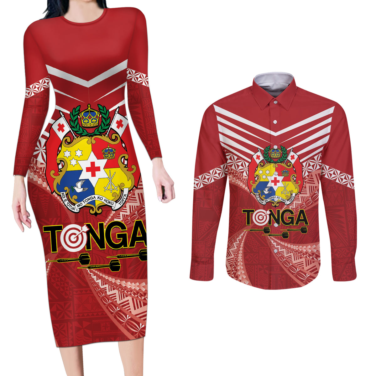 Tonga Darts Couples Matching Long Sleeve Bodycon Dress and Long Sleeve Button Shirt Tongan Ngatu Pattern LT14 Red - Polynesian Pride