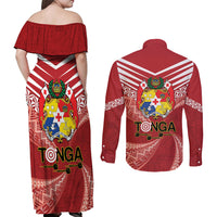 Tonga Darts Couples Matching Off Shoulder Maxi Dress and Long Sleeve Button Shirt Tongan Ngatu Pattern
