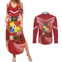 Tonga Darts Couples Matching Summer Maxi Dress and Long Sleeve Button Shirt Tongan Ngatu Pattern LT14 Red - Polynesian Pride