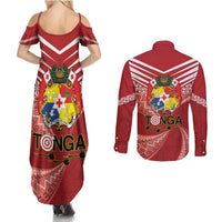 Tonga Darts Couples Matching Summer Maxi Dress and Long Sleeve Button Shirt Tongan Ngatu Pattern LT14 - Polynesian Pride
