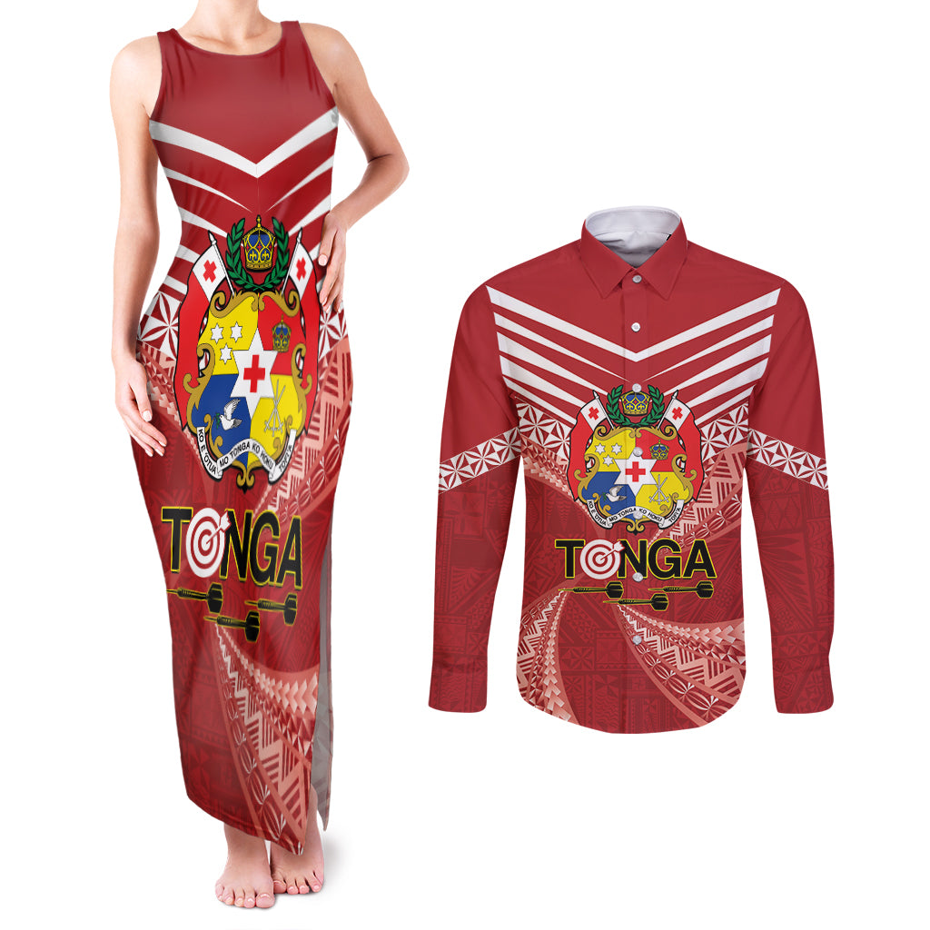 Tonga Darts Couples Matching Tank Maxi Dress and Long Sleeve Button Shirt Tongan Ngatu Pattern LT14 Red - Polynesian Pride