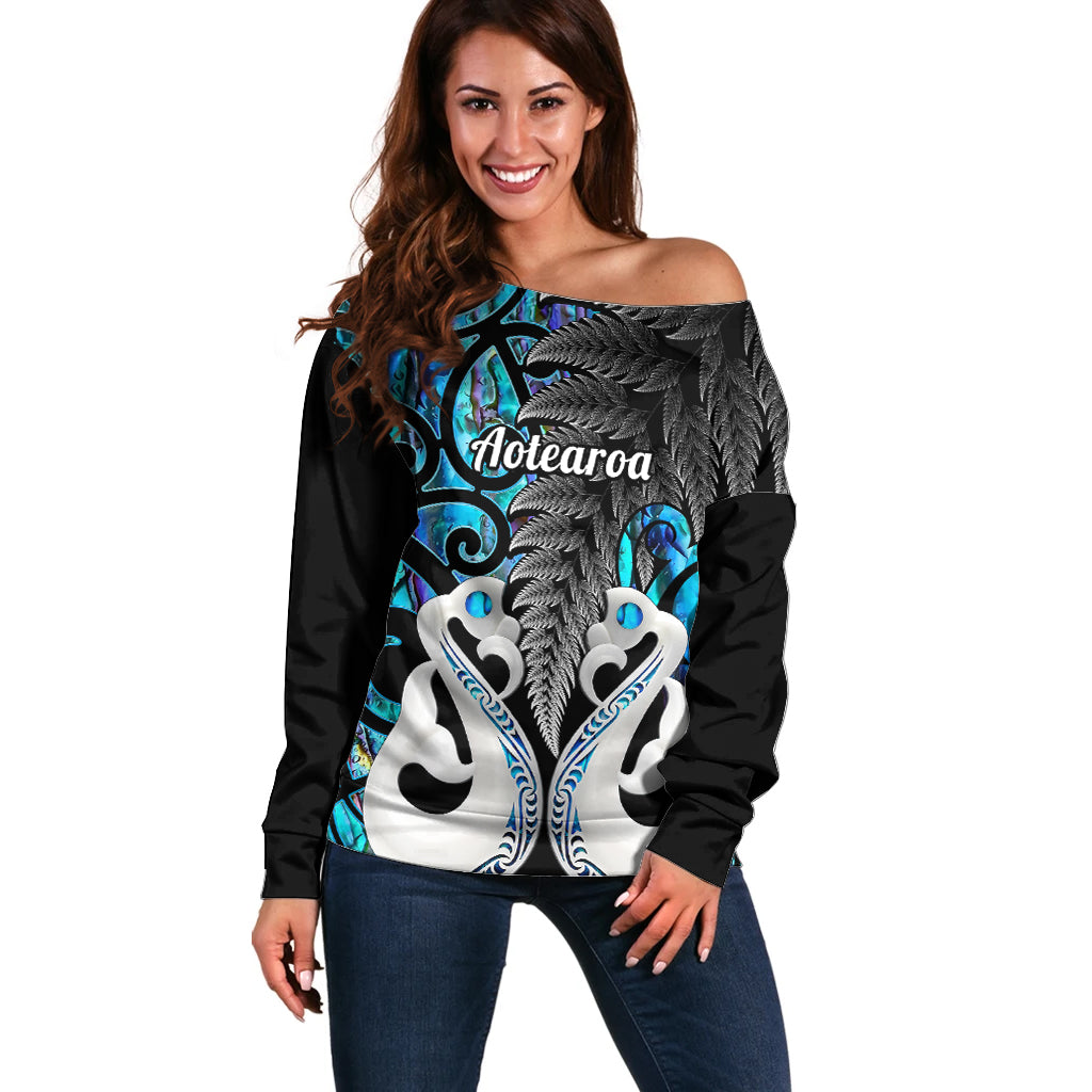 Personalised New Zealand Off Shoulder Sweater Te Manaia Mangopare Maori And Fern Blue Style LT14 Women Blue - Polynesian Pride