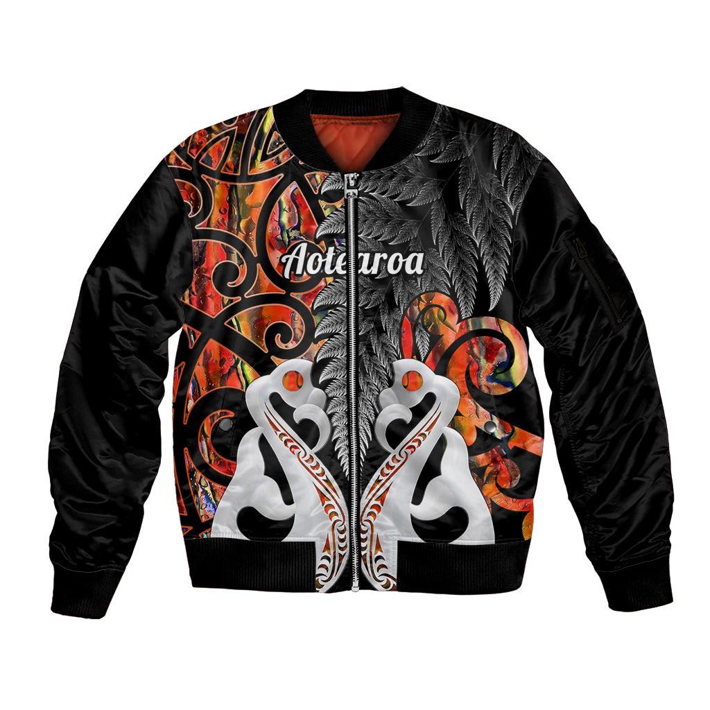 Personalised New Zealand Sleeve Zip Bomber Jacket Te Manaia Mangopare Maori And Fern Orange Style LT14 Unisex Orange - Polynesian Pride