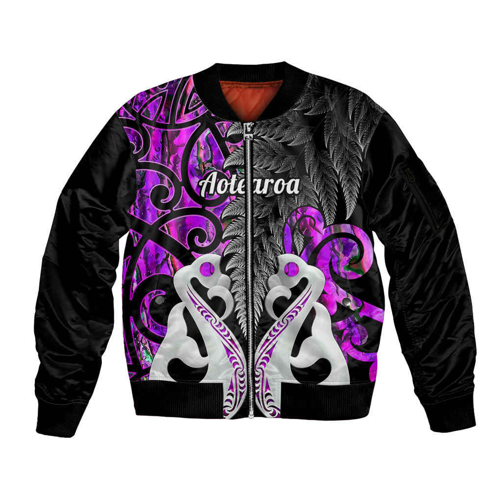 Personalised New Zealand Sleeve Zip Bomber Jacket Te Manaia Mangopare Maori And Fern Purple Style LT14 Unisex Purple - Polynesian Pride