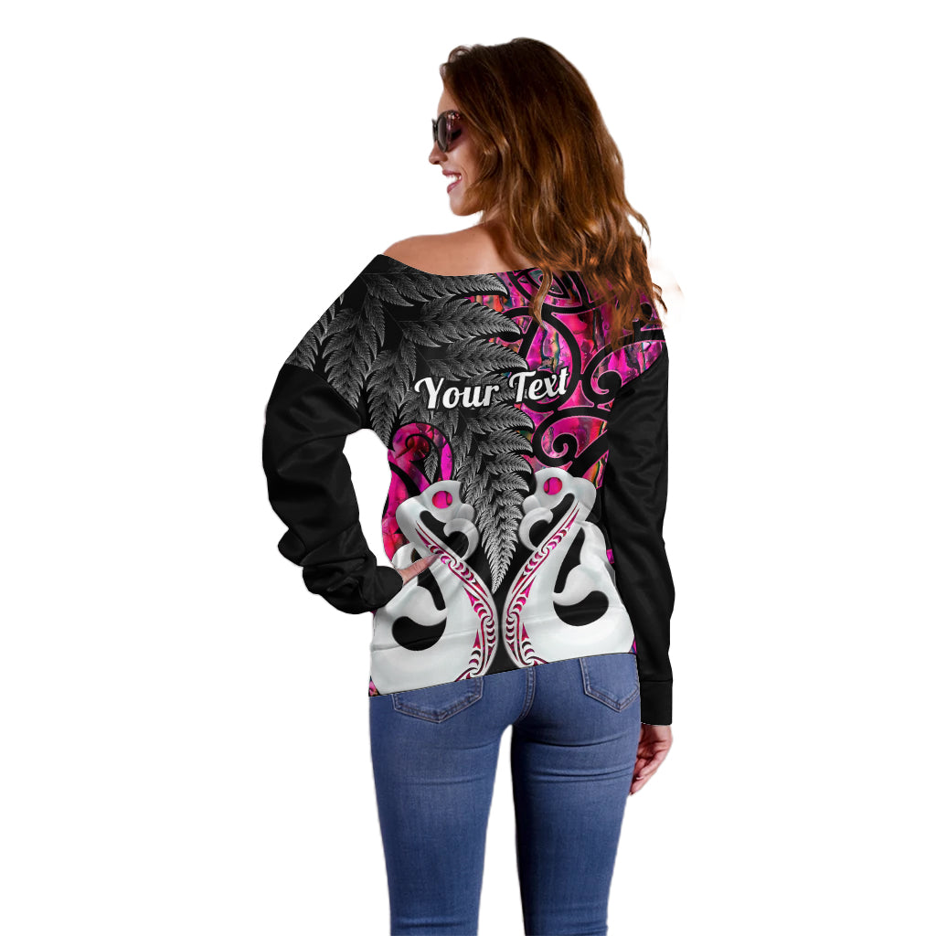 Personalised New Zealand Off Shoulder Sweater Te Manaia Mangopare Maori And Fern Pink Style LT14 - Polynesian Pride