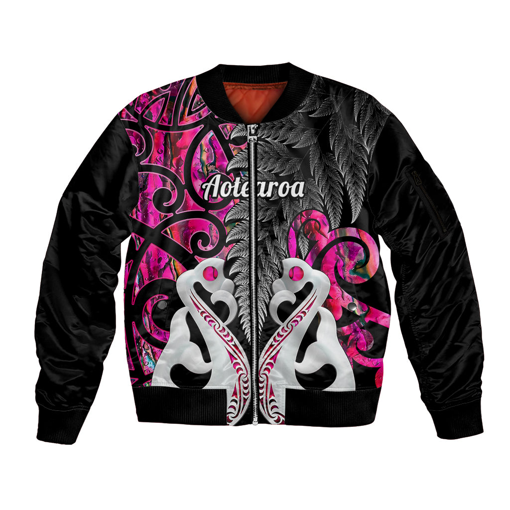 Personalised New Zealand Sleeve Zip Bomber Jacket Te Manaia Mangopare Maori And Fern Pink Style LT14 Unisex Pink - Polynesian Pride