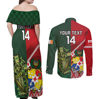 Custom Samoa And Ireland Rugby Couples Matching Off Shoulder Maxi Dress and Long Sleeve Button Shirt Ikale Tahi With Shamrocks