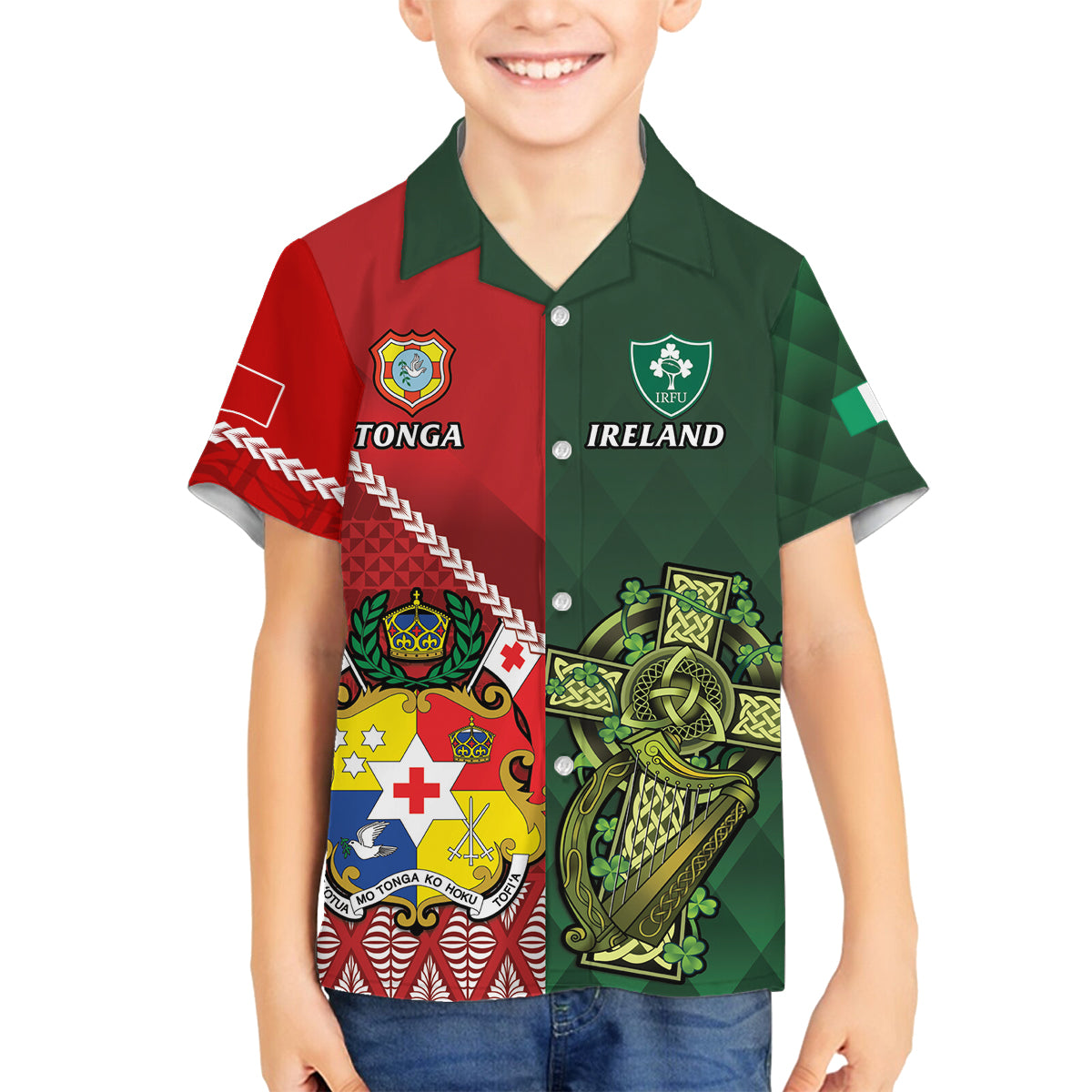 Custom Samoa And Ireland Rugby Family Matching Long Sleeve Bodycon Dress and Hawaiian Shirt Ikale Tahi With Shamrocks