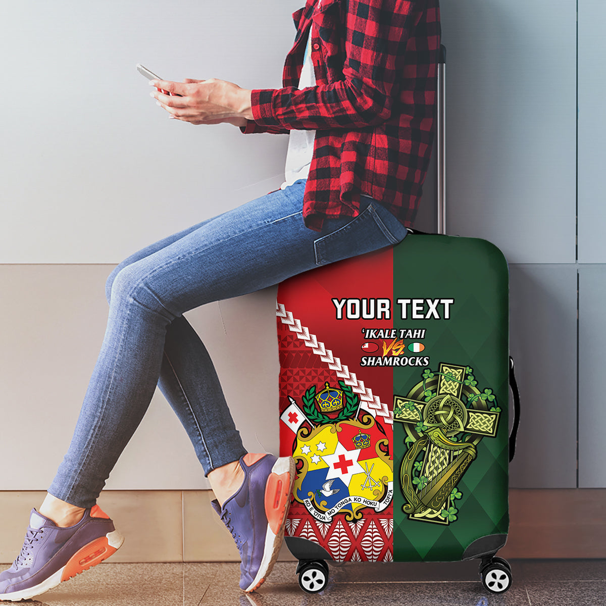 Custom Tonga And Ireland Rugby Luggage Cover Ikale Tahi With Shamrocks LT14 - Polynesian Pride