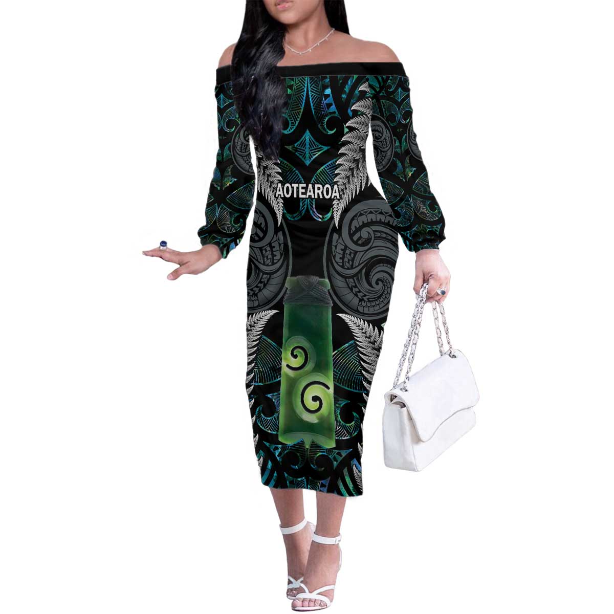 Personalised New Zealand Toki Family Matching Off The Shoulder Long Sleeve Dress and Hawaiian Shirt Silver Fern Mix Aotearoa Maori Pattern