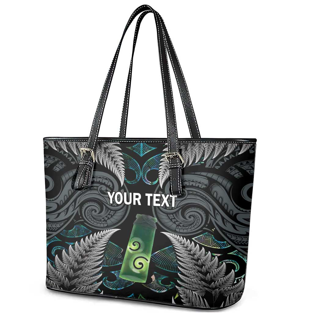 Personalised New Zealand Toki Leather Tote Bag Silver Fern Mix Aotearoa Maori Pattern