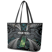 Personalised New Zealand Toki Leather Tote Bag Silver Fern Mix Aotearoa Maori Pattern
