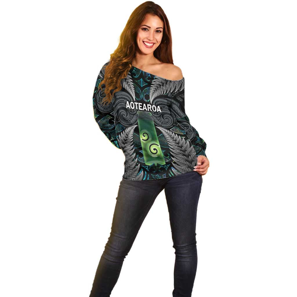Personalised New Zealand Toki Off Shoulder Sweater Silver Fern Mix Aotearoa Maori Pattern