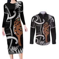 New Zealand Maripi Couples Matching Long Sleeve Bodycon Dress and Long Sleeve Button Shirt Silver Fern Mix Aotearoa Maori Pattern