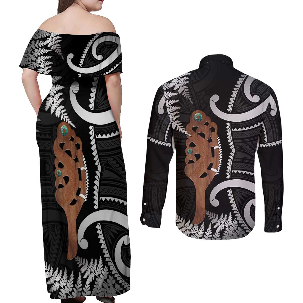 New Zealand Maripi Couples Matching Off Shoulder Maxi Dress and Long Sleeve Button Shirt Silver Fern Mix Aotearoa Maori Pattern
