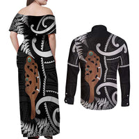 New Zealand Maripi Couples Matching Off Shoulder Maxi Dress and Long Sleeve Button Shirt Silver Fern Mix Aotearoa Maori Pattern