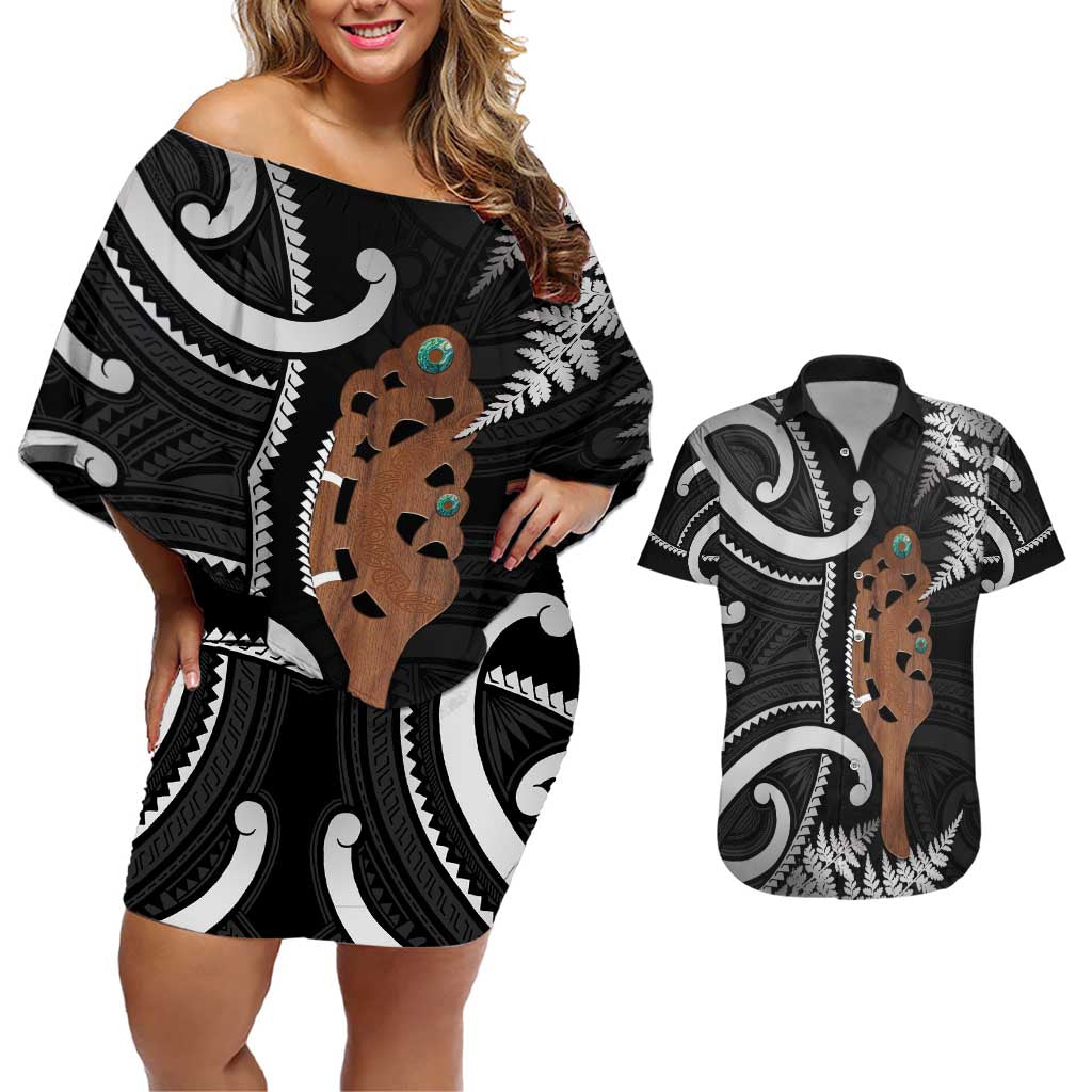 New Zealand Maripi Couples Matching Off Shoulder Short Dress and Hawaiian Shirt Silver Fern Mix Aotearoa Maori Pattern